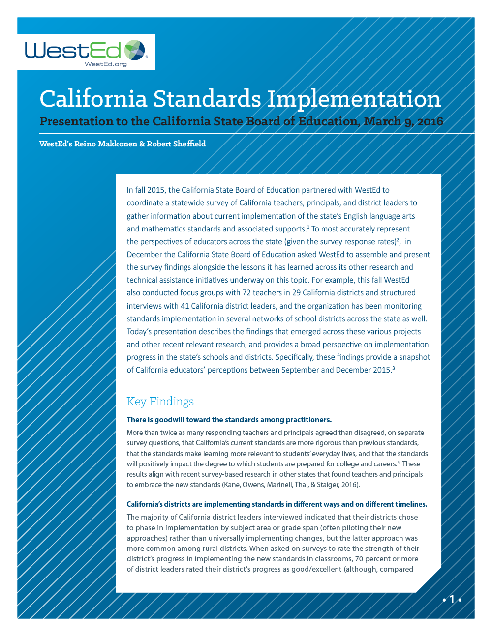 Cover Survey Results in Brief: WestEd Presentation to the California State Board of Education (March 2016)