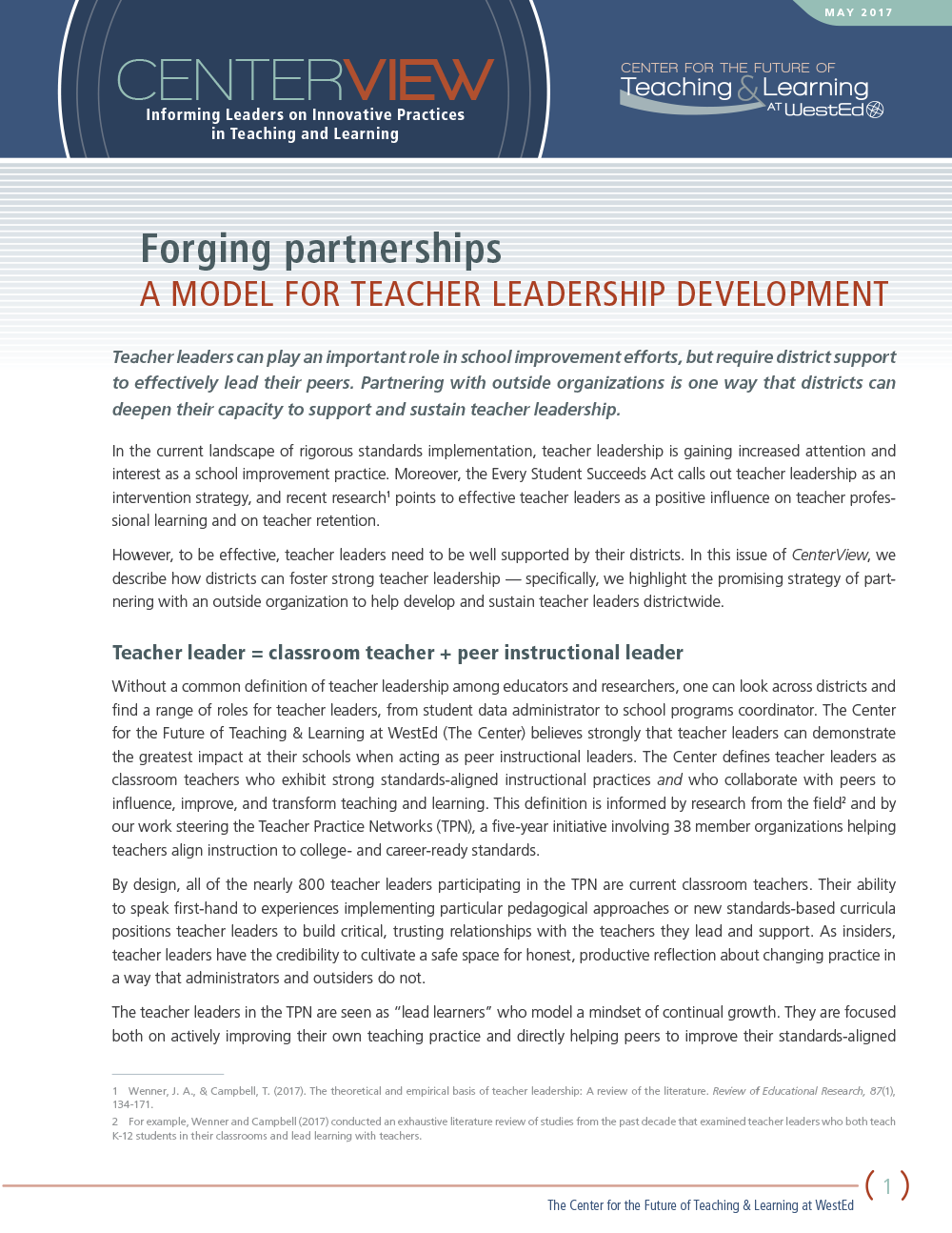 CenterView: Forging Partnerships — A Model for Teacher Leadership Development