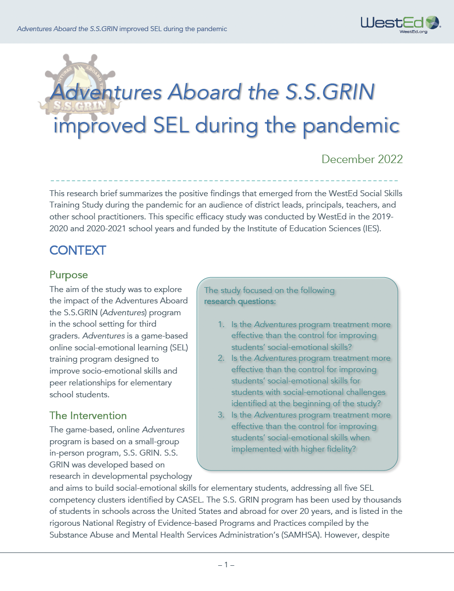 Adventures Aboard the S.S. Grin improved SEL during the pandemic brief