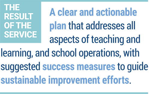The result of the service: A clear and actionable plan that addresses all aspects of teaching and learning, and school operations, with suggested success measures to guide sustainable improvement efforts.