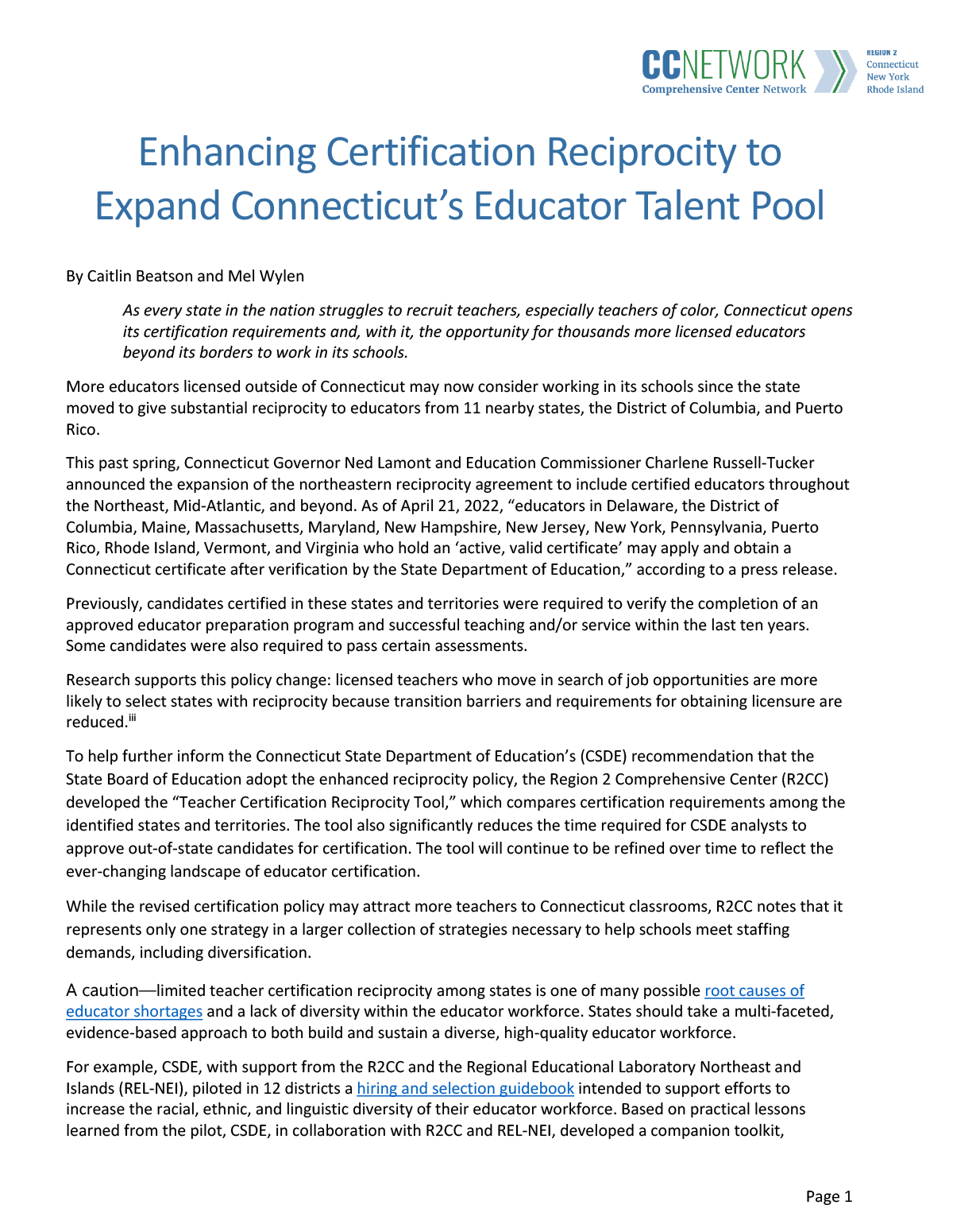 Enhancing Certification Reciprocity to Expand Connecticut’s Educator Talent Pool