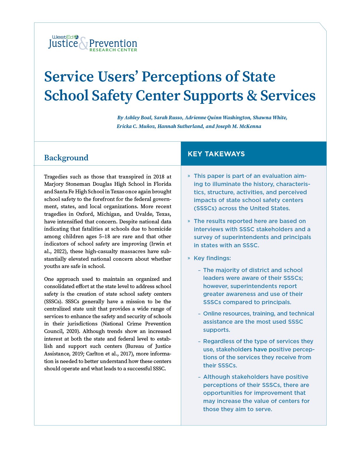 Service Users’ Perceptions of State School Safety Center Supports & Services
