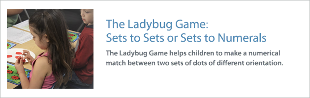 An example of one activity, The Ladybug Game will help children to make a numerical match between two sets of dots of different orientation.