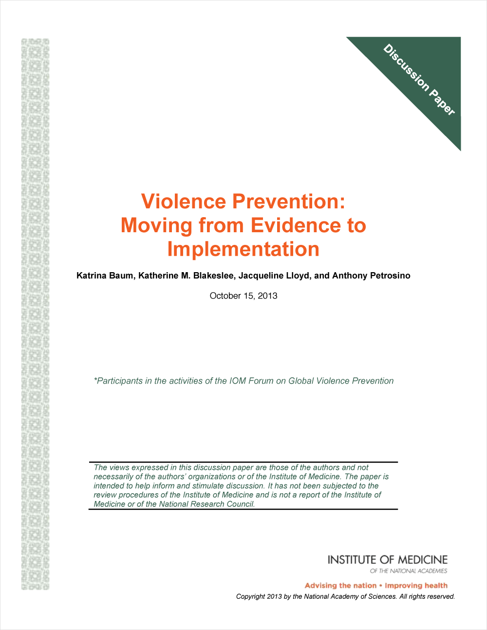 Cover image for Violence Prevention: Moving from Evidence to Implementation